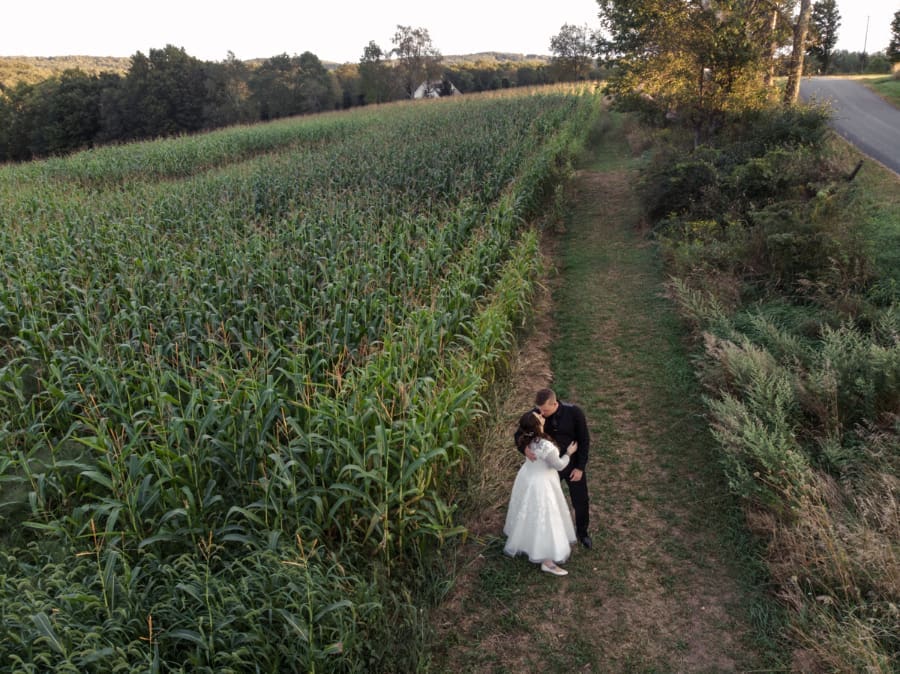 Couple embracing beside tall cornfields at sunset during golden hour photos.