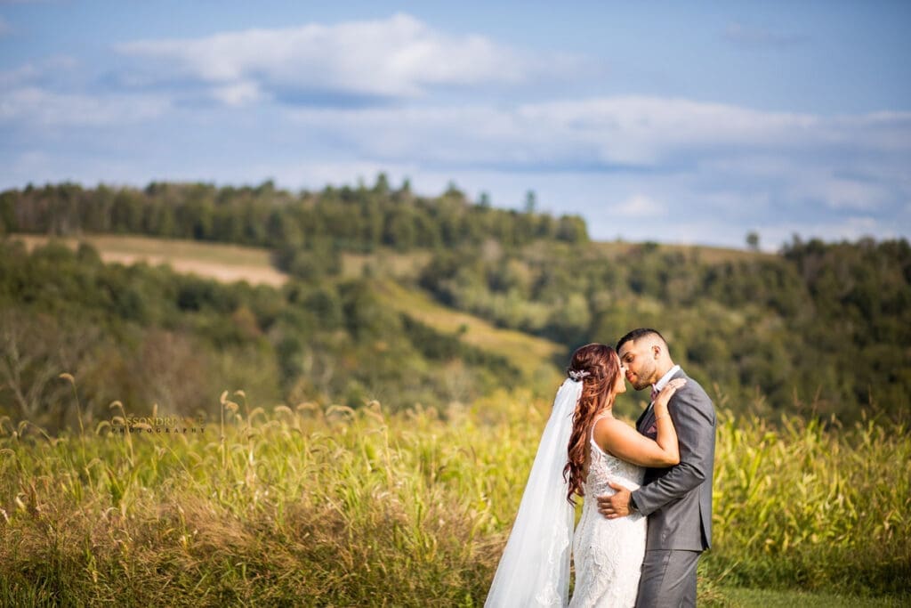 Couple embracing in tall grass with rolling hills behind them, reflecting the relaxed, scenic atmosphere couples seek when choosing affordable wedding venues.