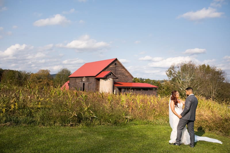 Bride and groom stand together in a grassy field with The Barn on Hubbard and Catskills countryside behind them, creating a scenic example of what couples may picture while considering questions to ask your wedding venue.